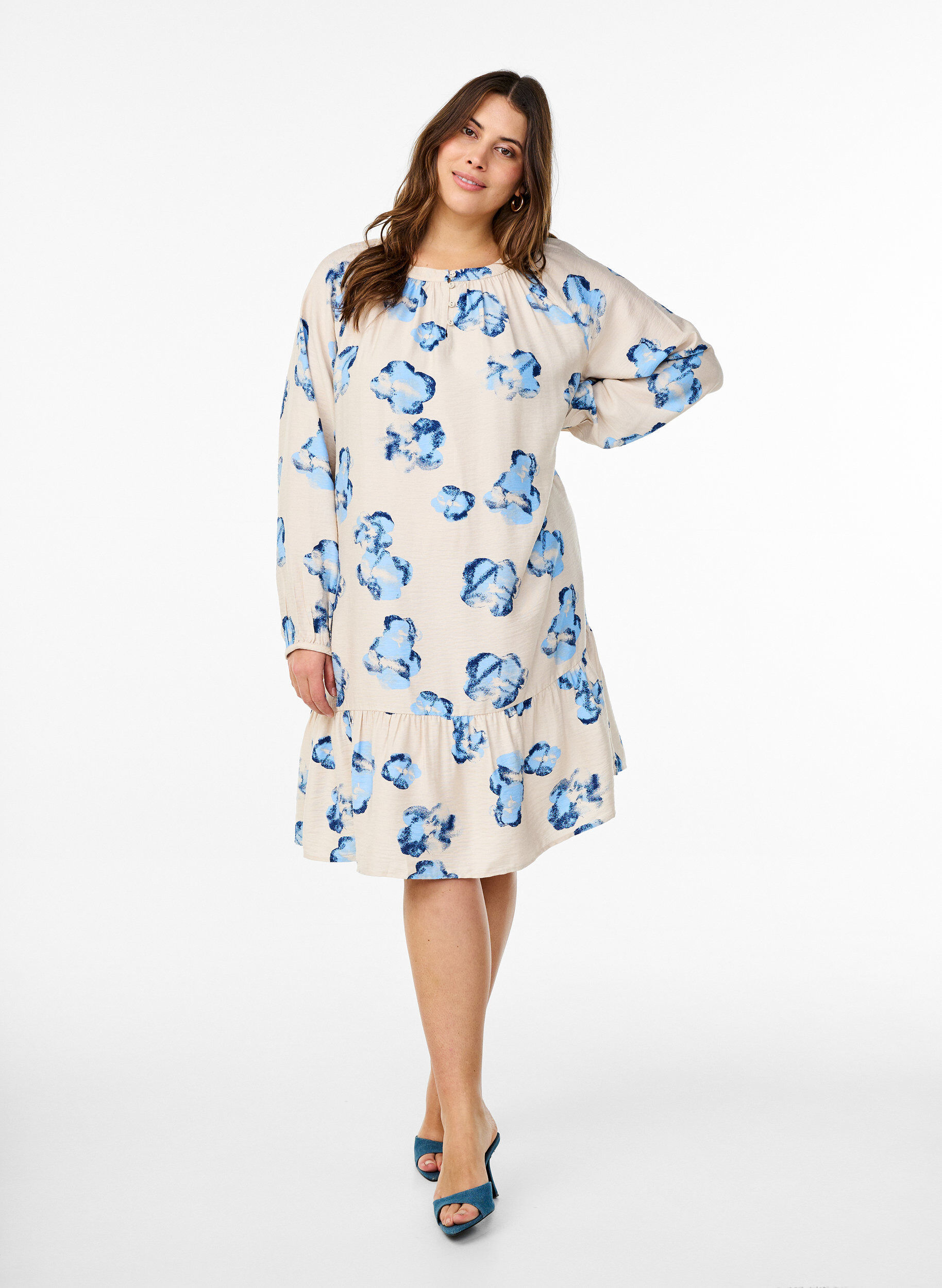 Zizzi Sukienka do kolan z dlugimi rekawami i krojem w ksztalcie litery A, Biały, Model image number 1