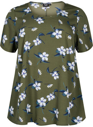 Flash – bluzka z krótkim rekawem i nadrukiem, Olive Night Flower, Packshot image number 0