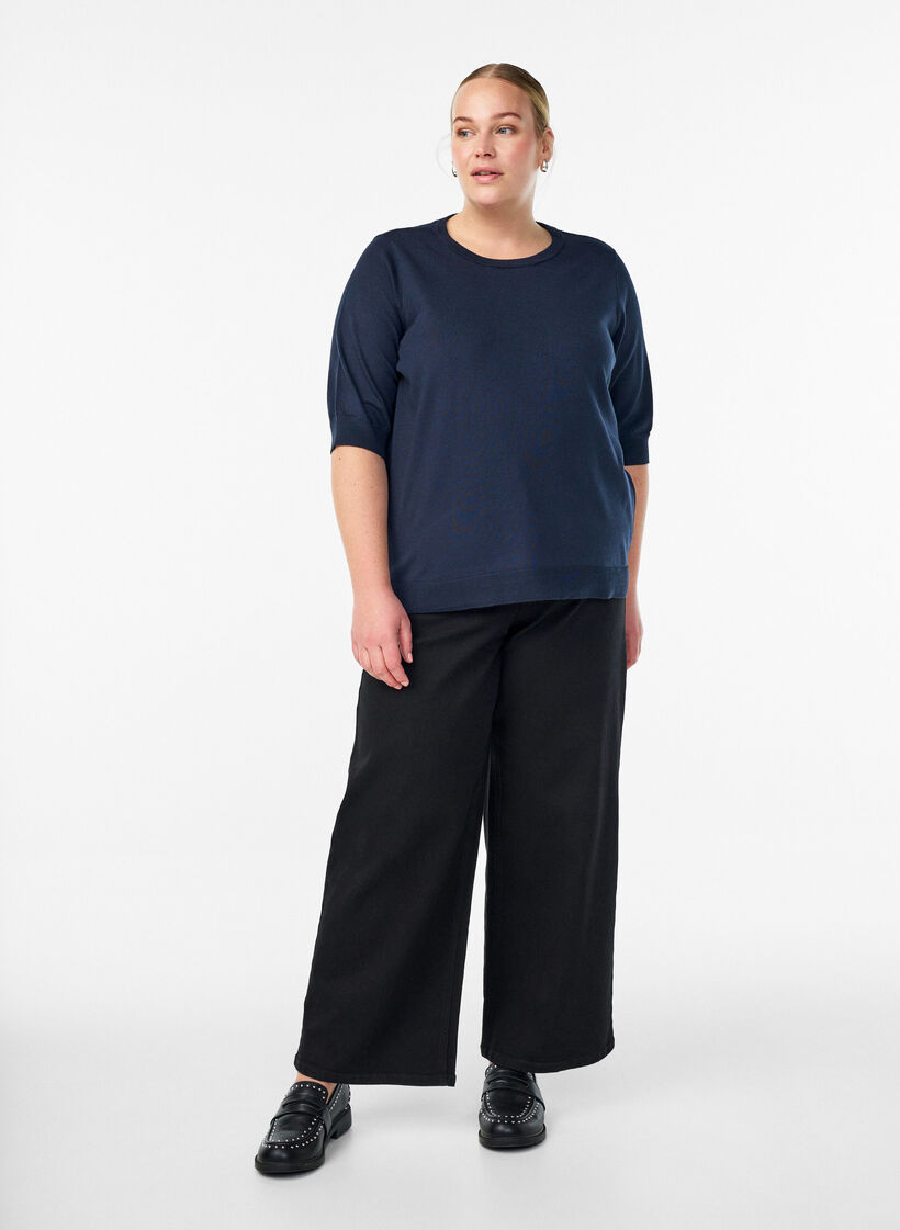 Cienko dzianinowa bluzka z kr&oacute;tkimi rekawami, Niebieskie, Model image number 1
