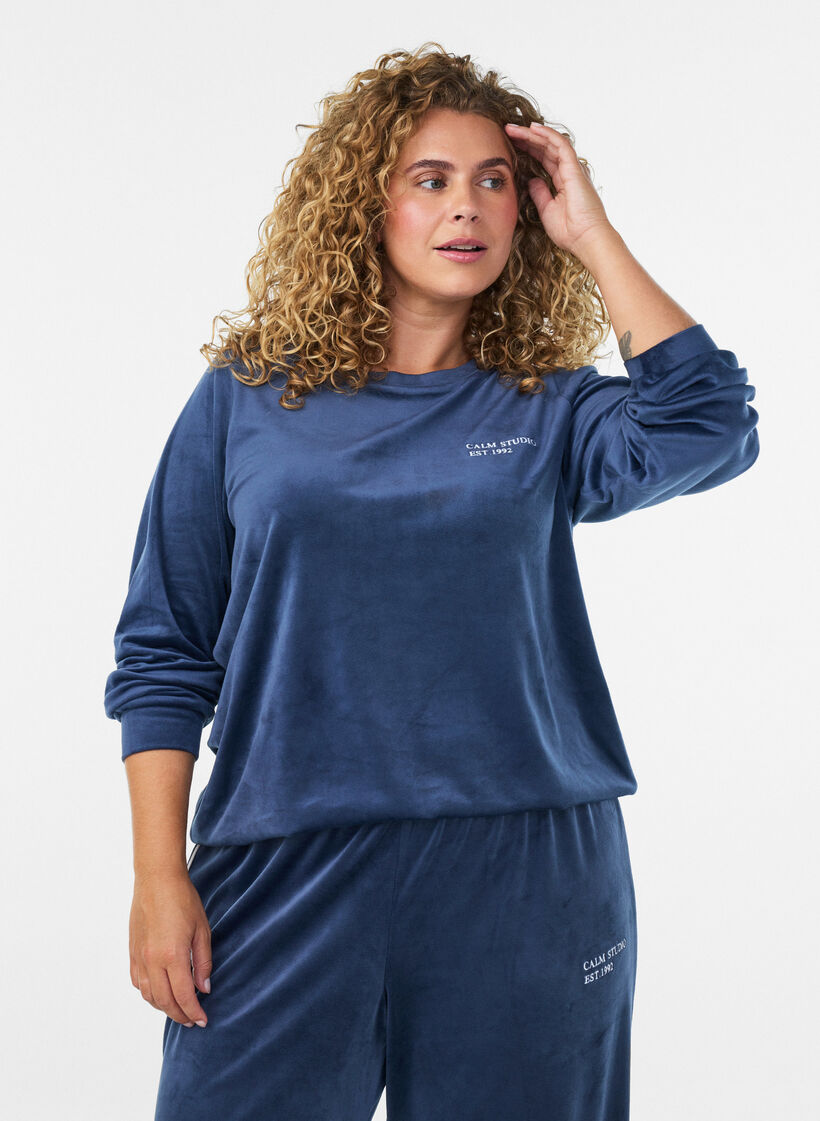 Bluzka Welurowa z haftowanym tekstem, Niebieskie, Model image number 0