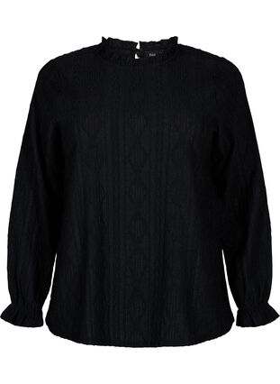 Bluzka w jednolitym kolorze z falbanami i wzorem, Black, Packshot image number 0