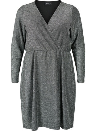 Brokatowa sukienka kopertowa z dlugimi rekawami, Black Silver, Packshot image number 0