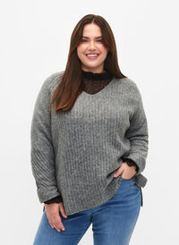 Dzianinowy sweter z rozcieciem, Light Grey Melange, Model