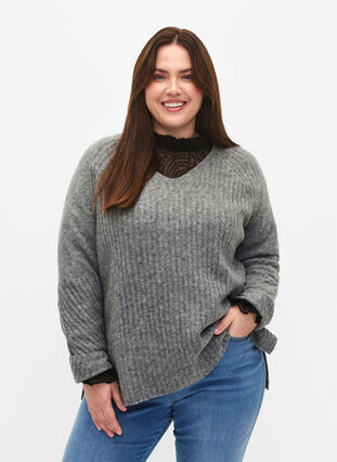 Dzianinowy sweter z rozcieciem, Light Grey Melange, Model image number 0