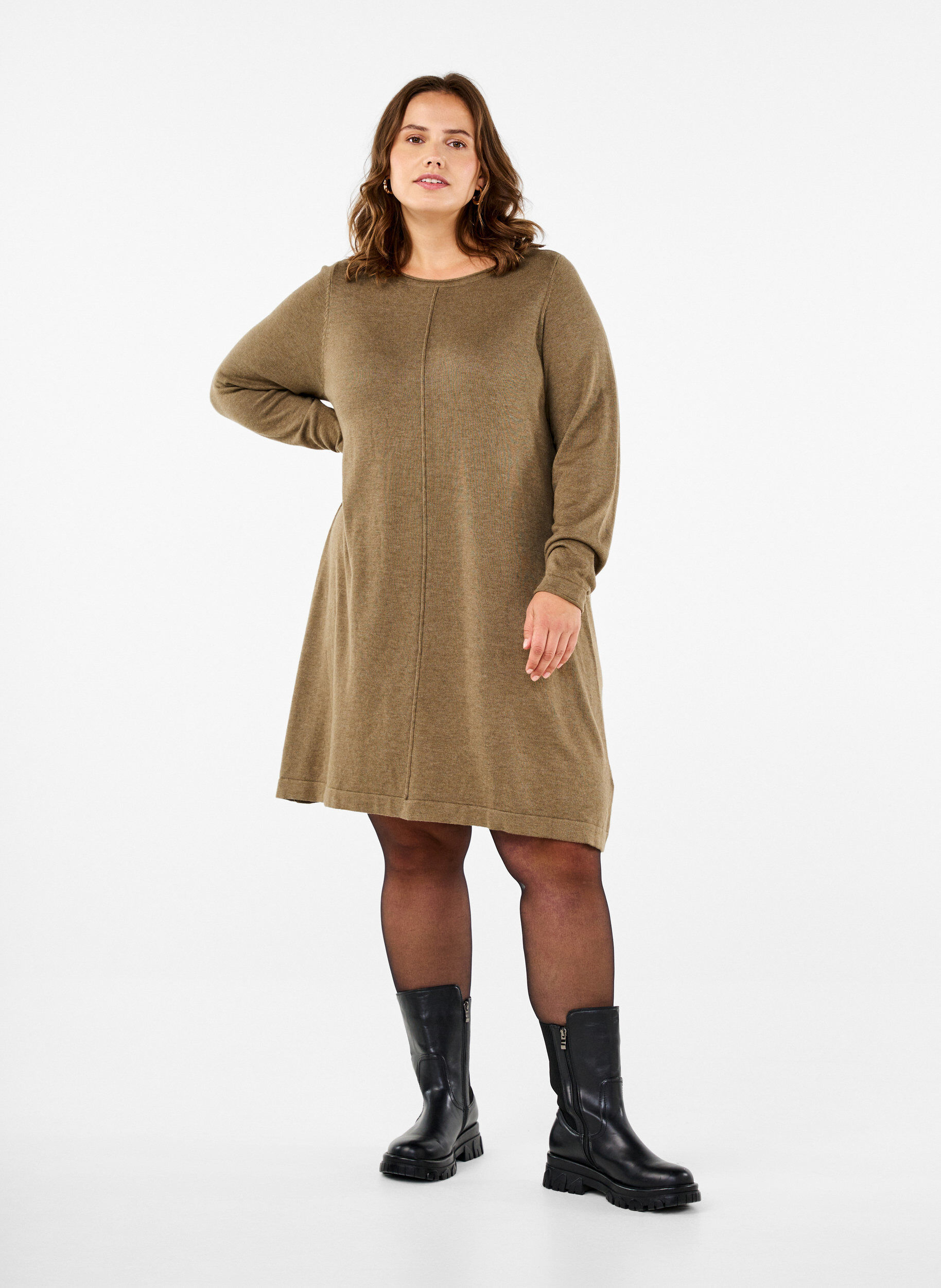 Zizzi Dzianinowa sukienka z mieszanki bawelny i wiskozy, Zielony, Model image number 1