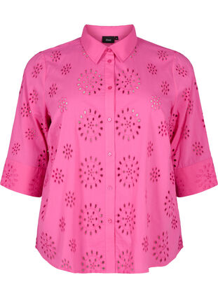Bluzka koszulowa z haftem angielskim i rekawem 3/4, Raspberry Rose, Packshot image number 0