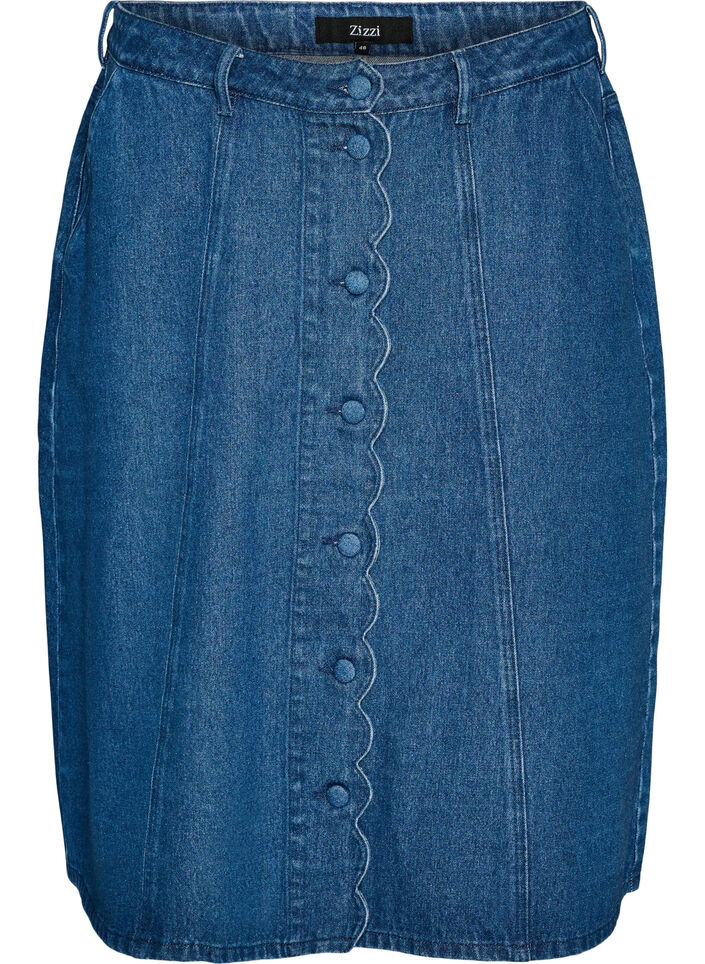 Sp&oacute;dniczka z niebieskiego denimu w kroju A z falbana z guzik&oacute;w, Niebieskie, Packshot image number 0