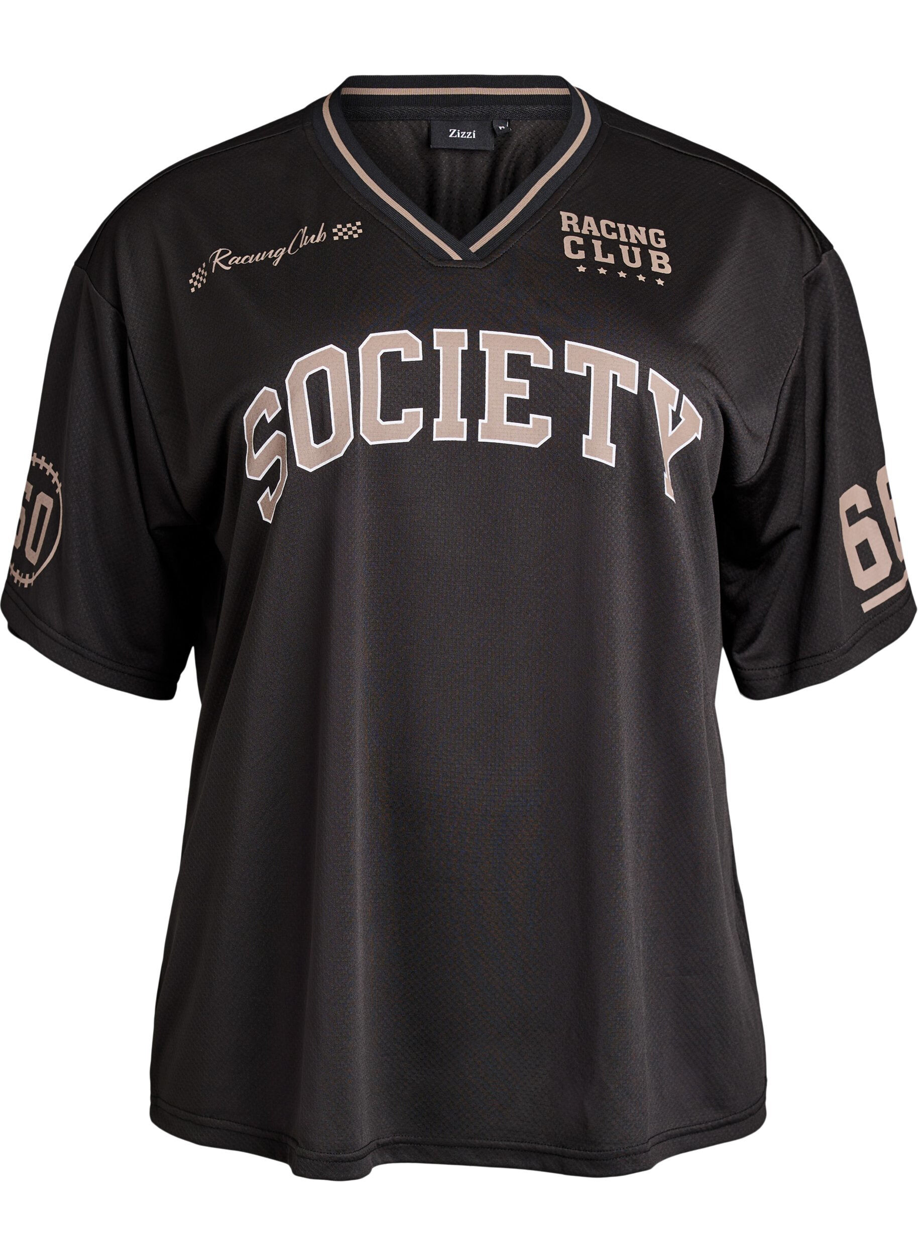 Sportowa koszulka z dekoltem w szpic i nadrukiem w stylu wyscigowym