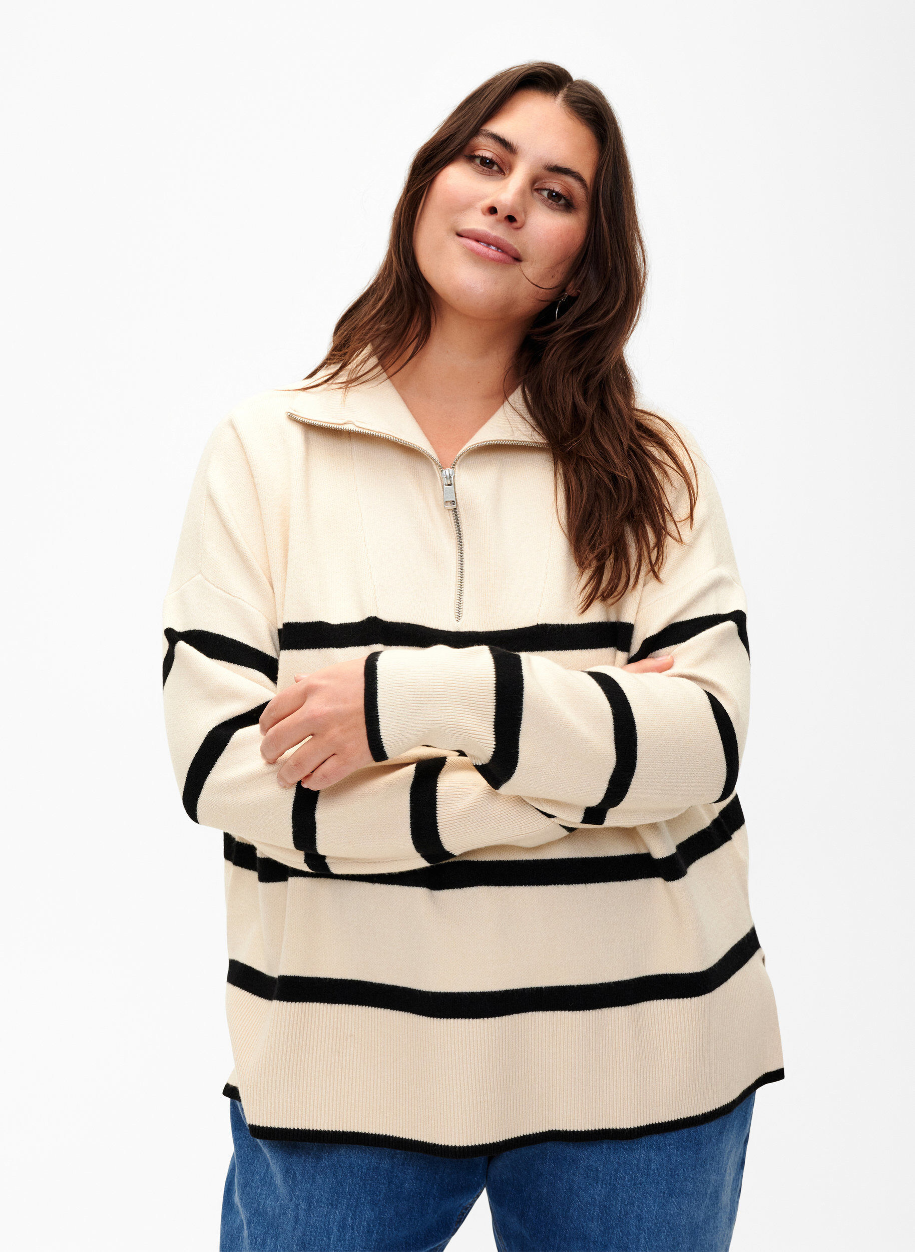 Zizzi Sweter w paski z wysokim kolnierzem, Birch w. Black, Model image number 0