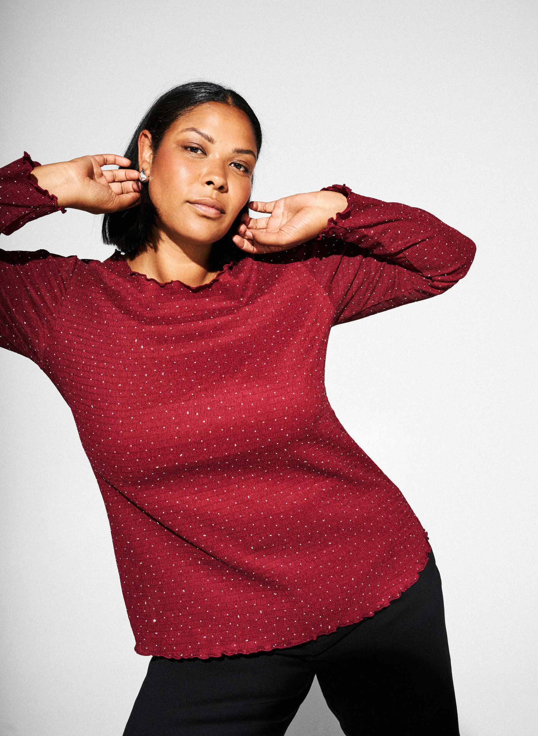 Zizzi Bluzka z dlugimi rekawami ozdobiona dzetami, Ciemnobordowy, Image image number 0