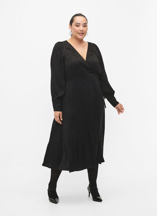 Wiskozowa sukienka z dlugim rekawem i nadrukiem w tym samym kolorze, Black, Model image number 3