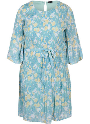 Wzorzysta plisowana sukienka z wiazaniem, Cameo Blue Flower, Packshot image number 0