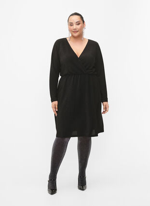 Brokatowa sukienka kopertowa z dlugimi rekawami, Black Black, Model image number 3