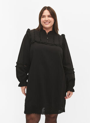 Wiskozowa sukienka z haftem angielskim i detalami z falbanami, Black, Model image number 0