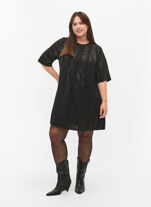 Trapezowa sukienka w paski z 1/2 rekawami, Black, Model image number 2