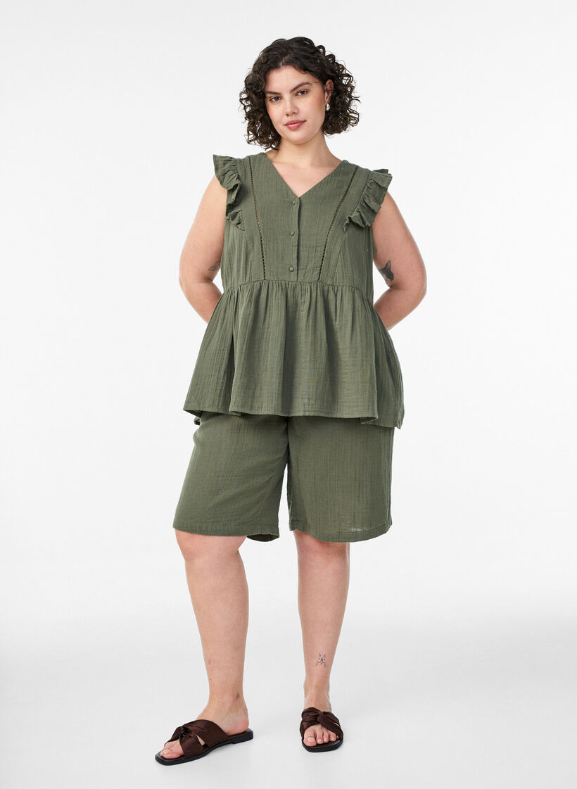 Bluzka z bawelnianej muslinu bez rekaw&oacute;w z falbankami, Zielony, Model image number 1