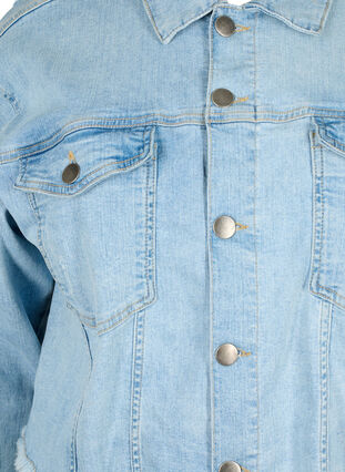 Krótka kurtka jeansowa z niepokojacymi detalami, Light Blue Denim, Packshot image number 2