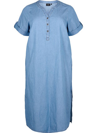Dzinsowa sukienka z rozcieciem i krótkimi rekawami, Blue denim, Packshot image number 0