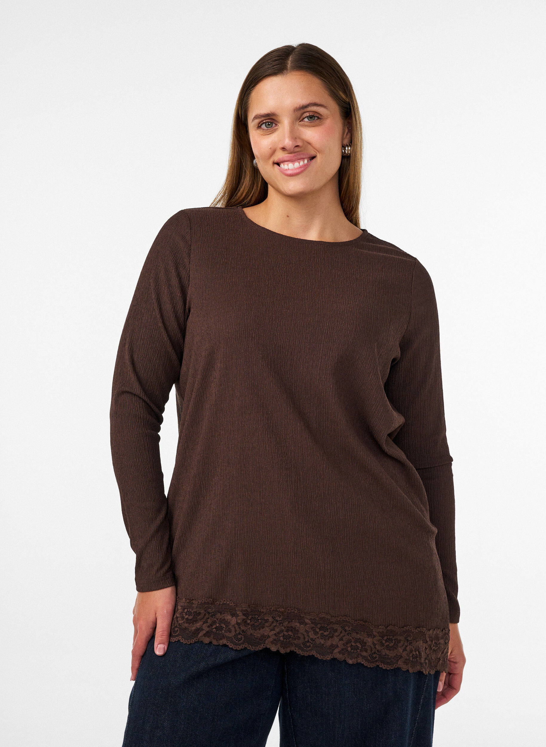 ZizziBluzka z jerseyu z asymetrycznym wykonczeniem koronkowym, Brązowy, Model image number 0