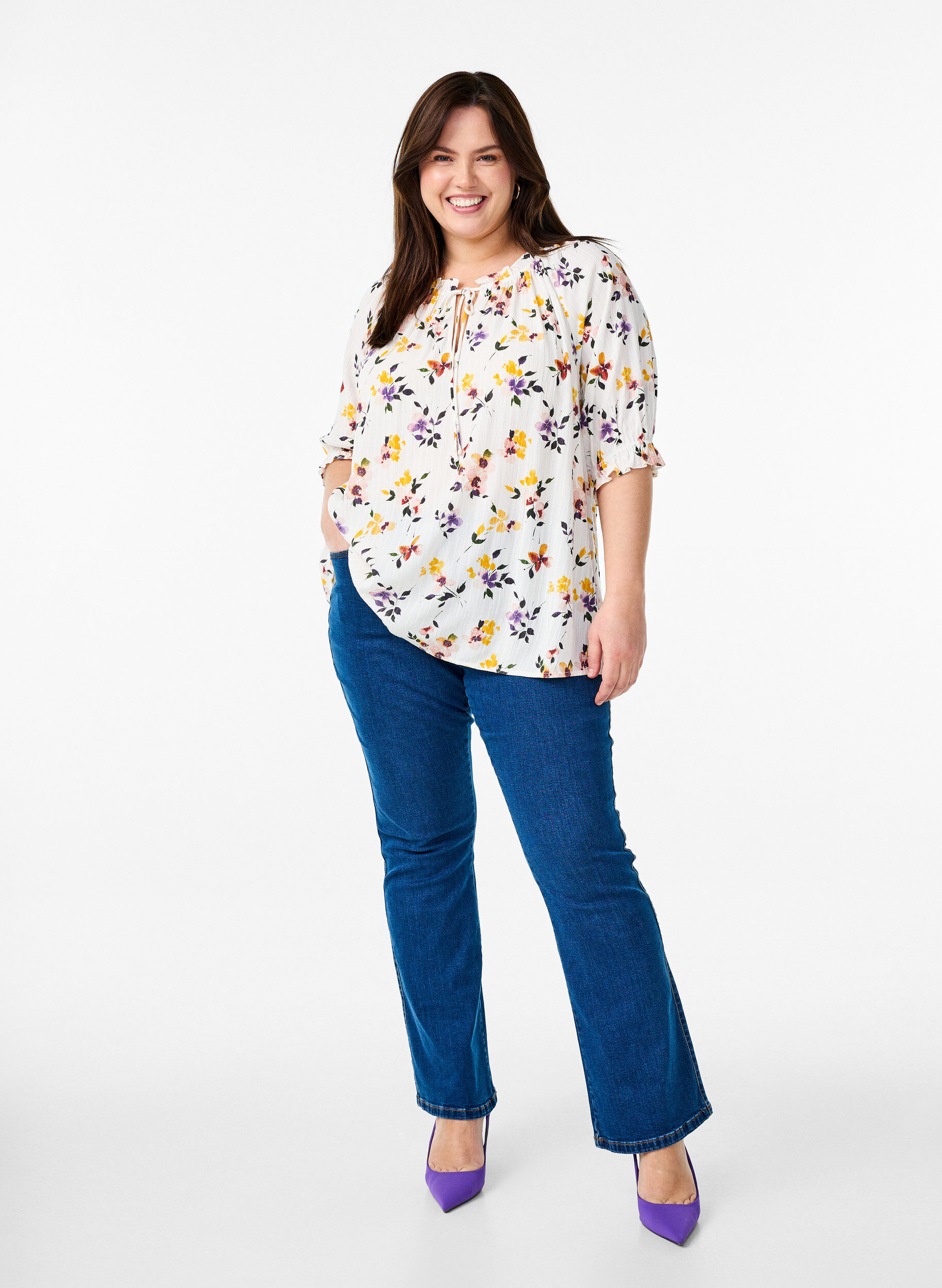 Zizzi Wiskozowa bluzka z motywem paisley i rekawami do lokcia, Biały, Model image number 1