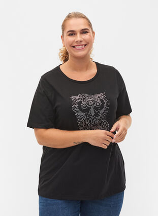 Koszulka z bawelny organicznej z cwiekami, Black Owl, Model image number 0