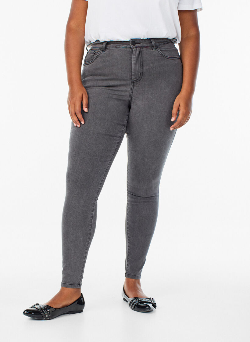 Jeansy super slim z wysokim stanem Amy, Szary, Model image number 2