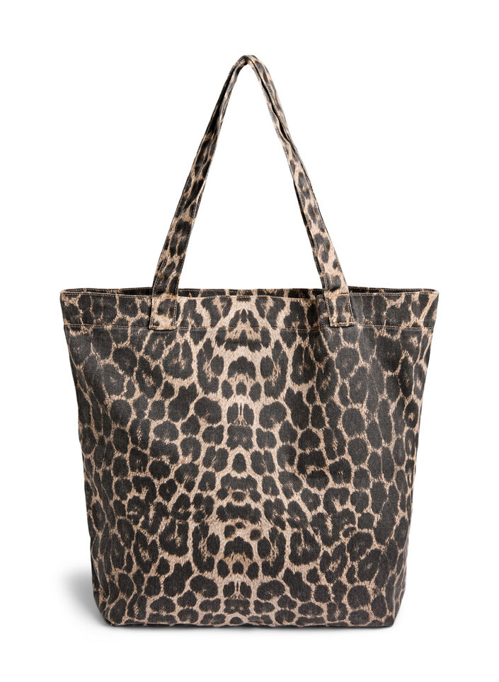 Denimowa torba shopper w panterke, Brązowy, Packshot image number 1