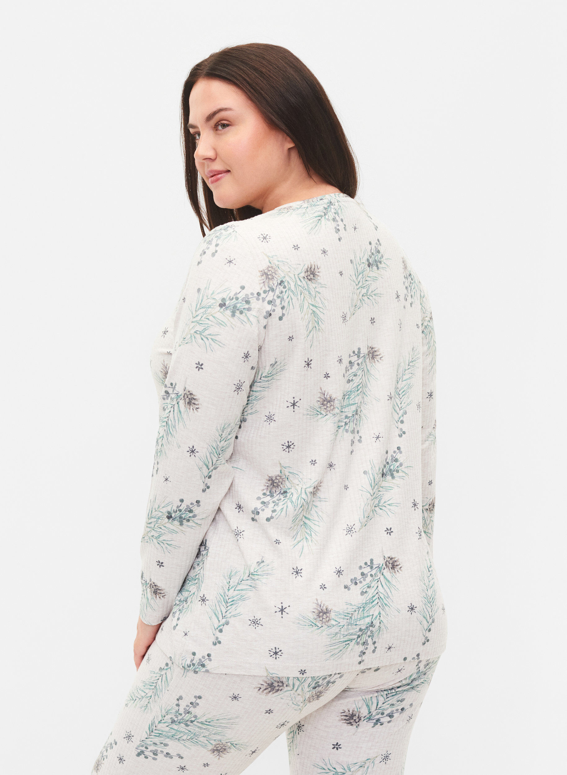 Zizzi Long-sleeved top in rib, Natural M&eacute;l AOP Gran, Model image number 1