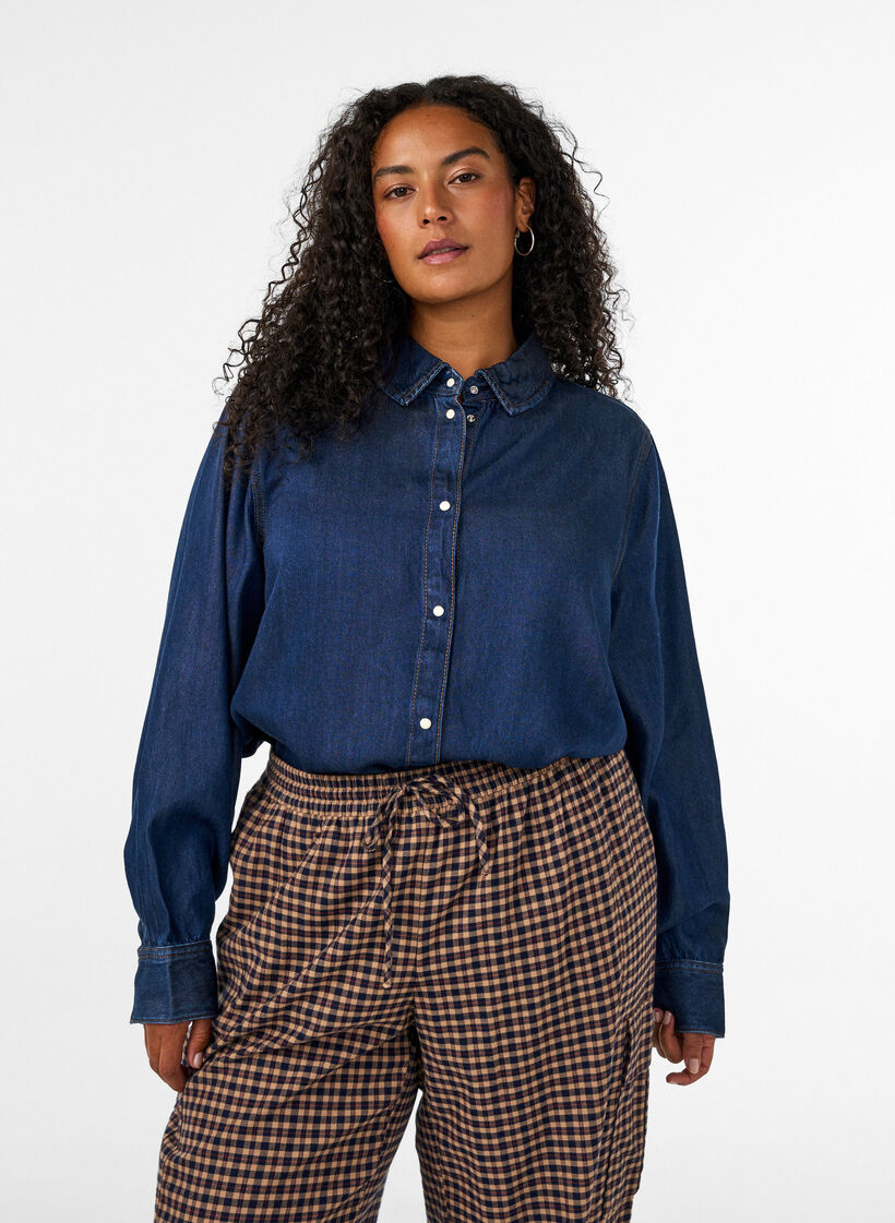 Koszula z denimu z lyocellu zapinana na zatrzaski, Niebieskie, Model image number 0