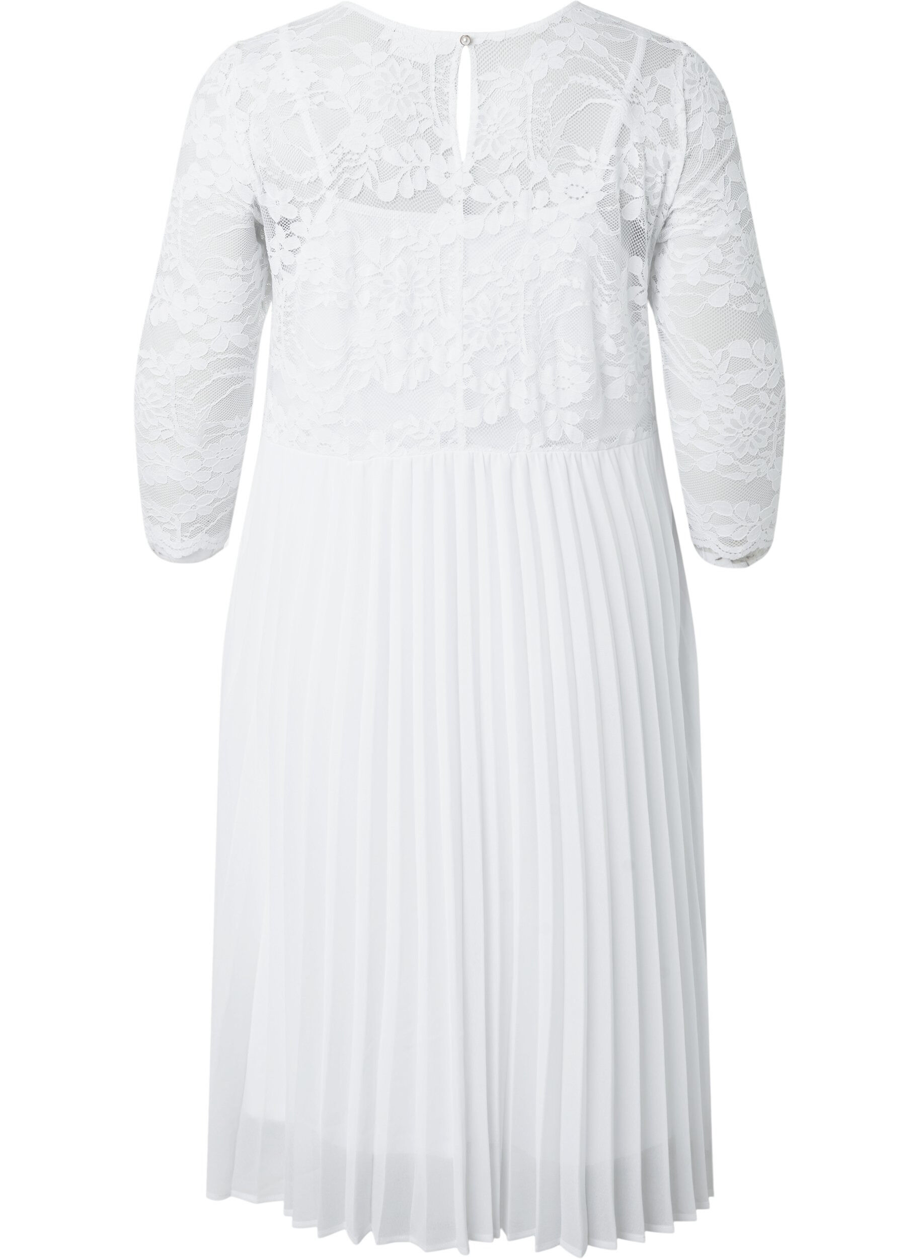 Zizzi Pleated dress with lace and 3/4 sleeves, Bright White, Packshot image number 1