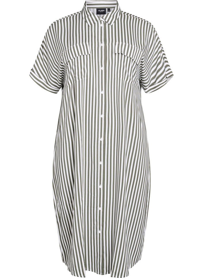 Dluga koszulowa sukienka z kr&oacute;tkim rekawem, Zielony, Packshot image number 0