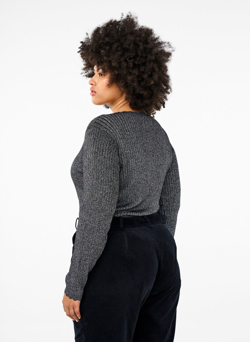 Dopasowana dzianinowa bluzka z brokatowa nitka, Czarne, Model image number 2