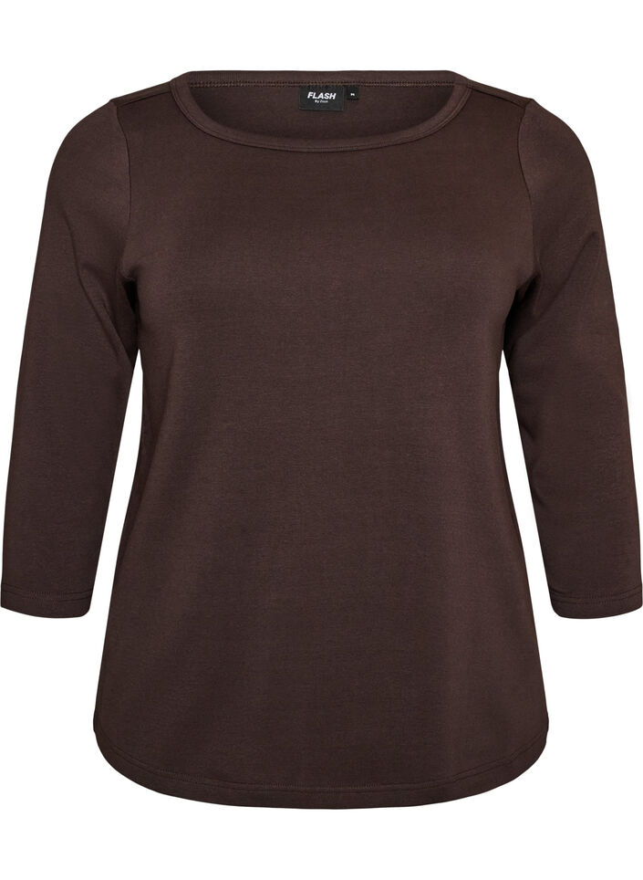 Basicowy T-shirt z dekoltem w l&oacute;dke i rekawami 3/4, Brązowy, Packshot image number 0