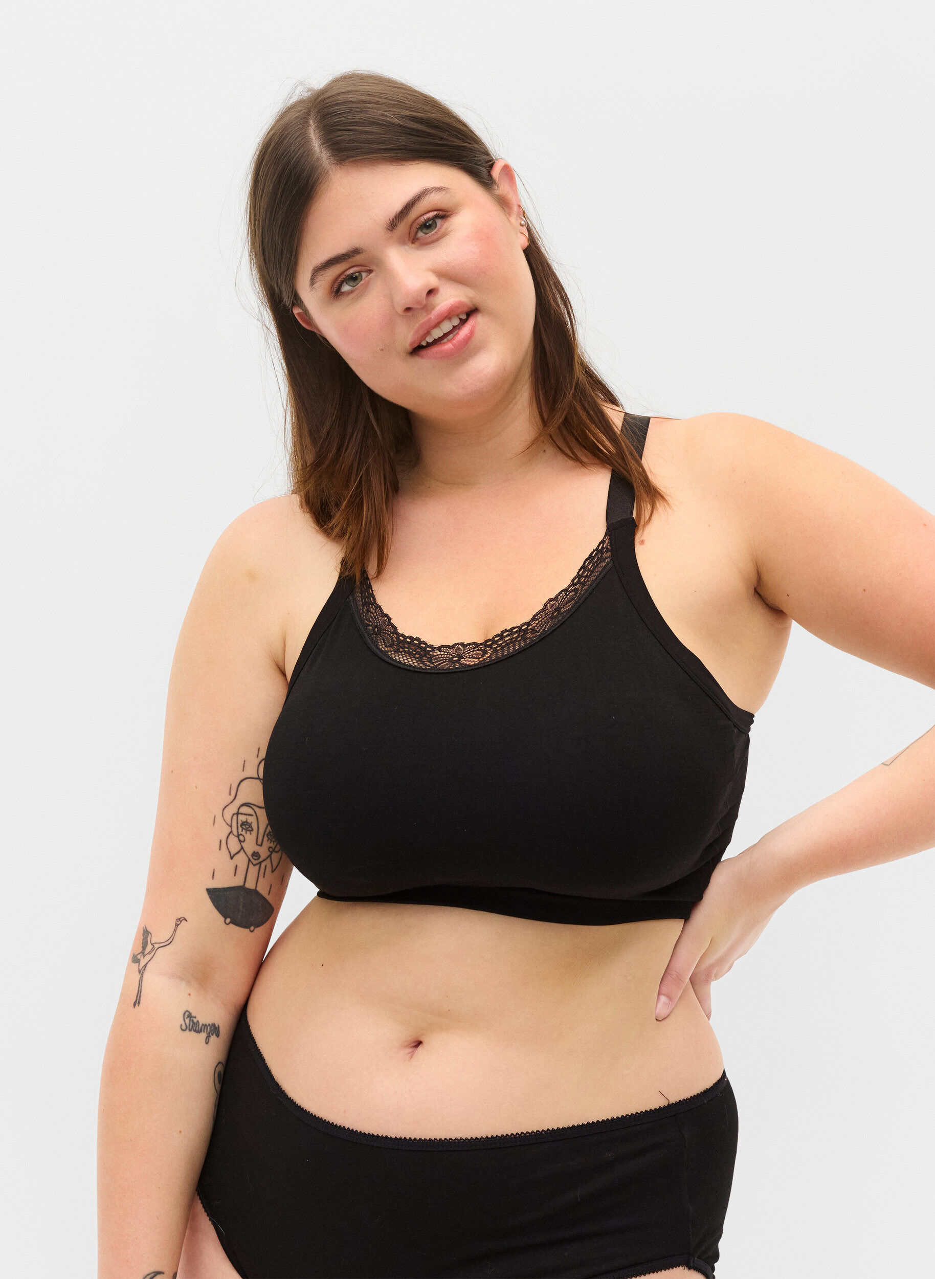 Zizzi Seamless bra with lace trim, Black, Model image number 0