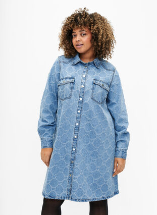 Jeansowa sukienka z przetarciami, Blue denim, Model image number 0