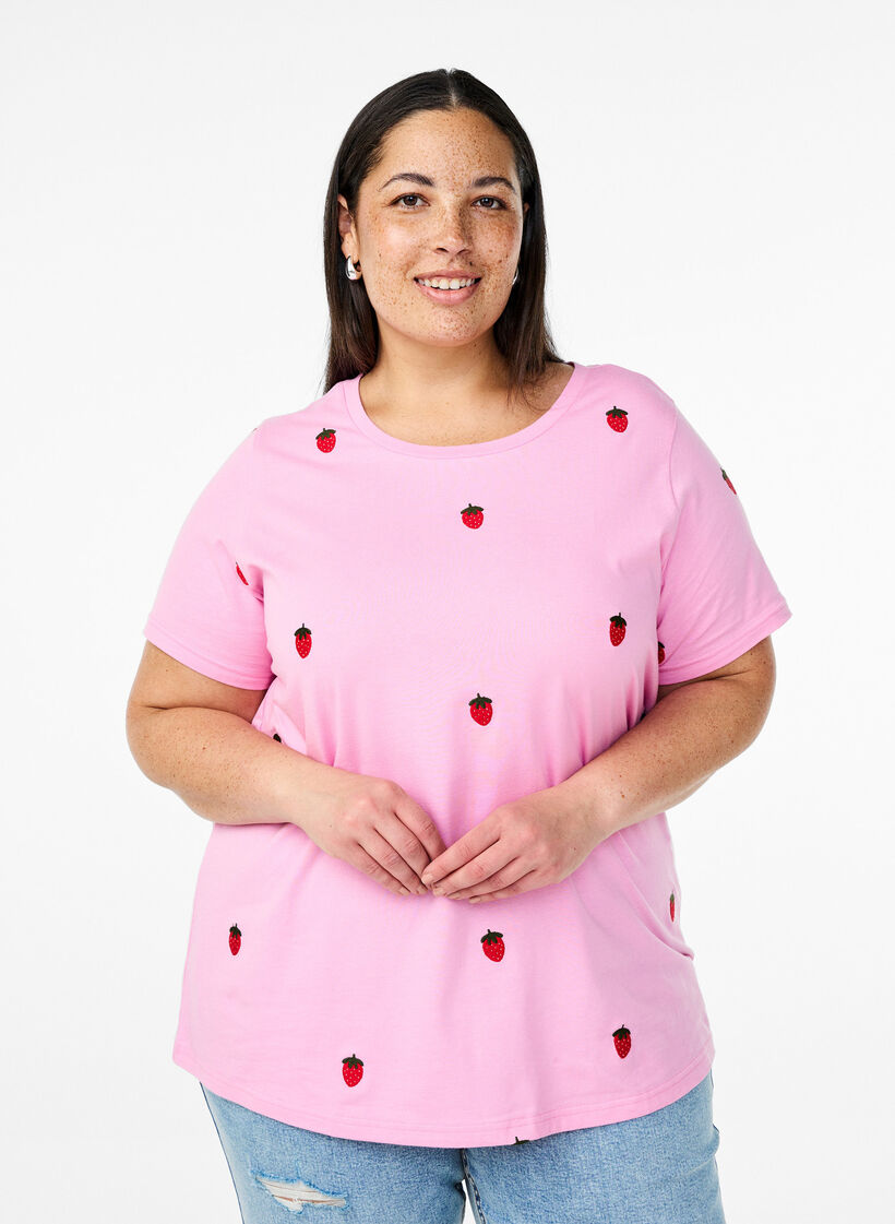 Koszulka z bawelny organicznej z haftowanymi motywami, R&oacute;żowy, Model image number 0