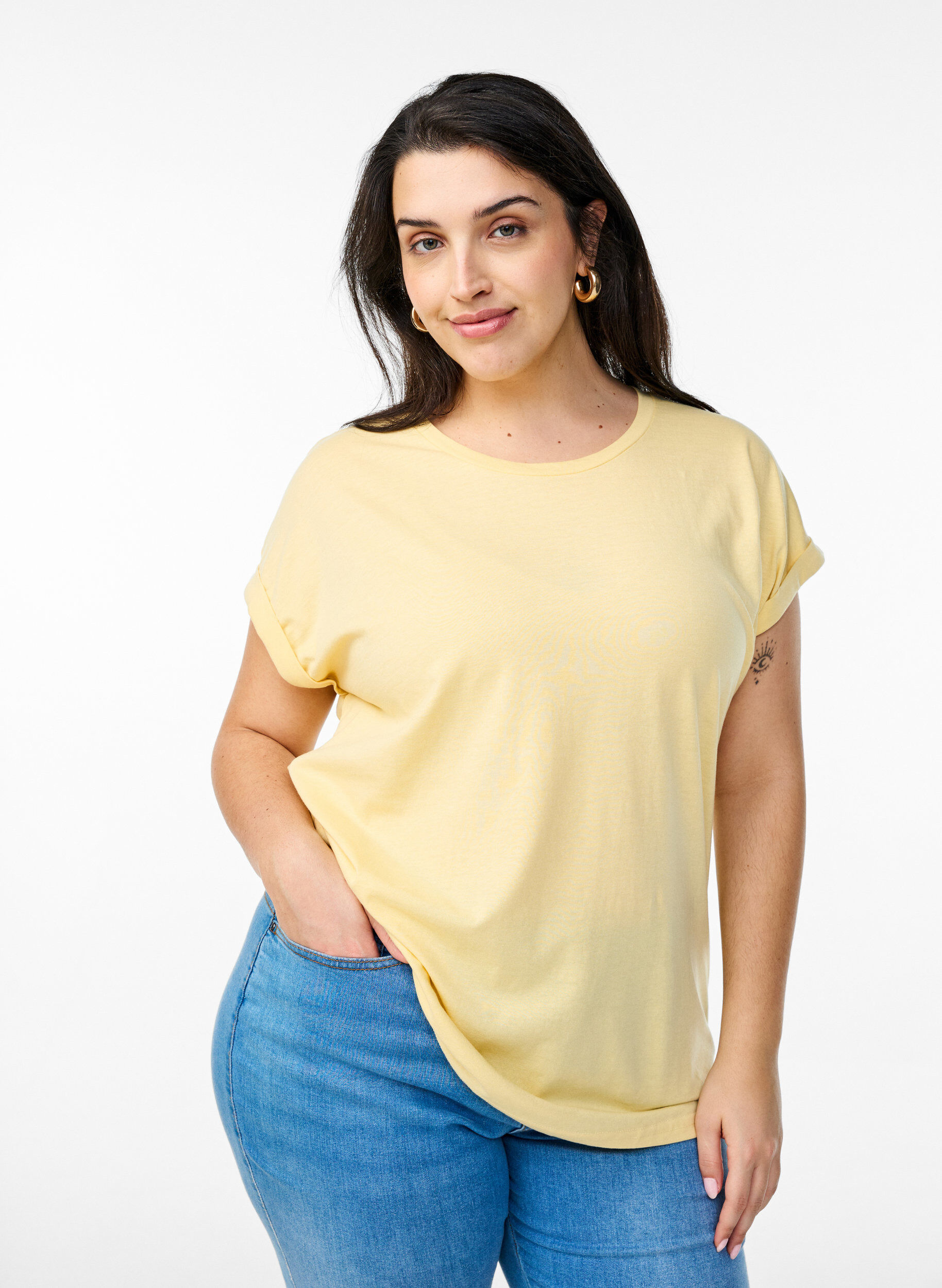T-shirt z kr&oacute;tkim rekawem z mieszanki bawelny, Ż&oacute;łty, Model