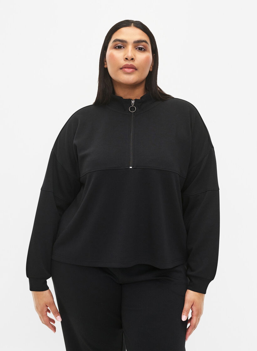 Bluza z mieszanki modalu z wysokim dekoltem, Black, Model image number 0