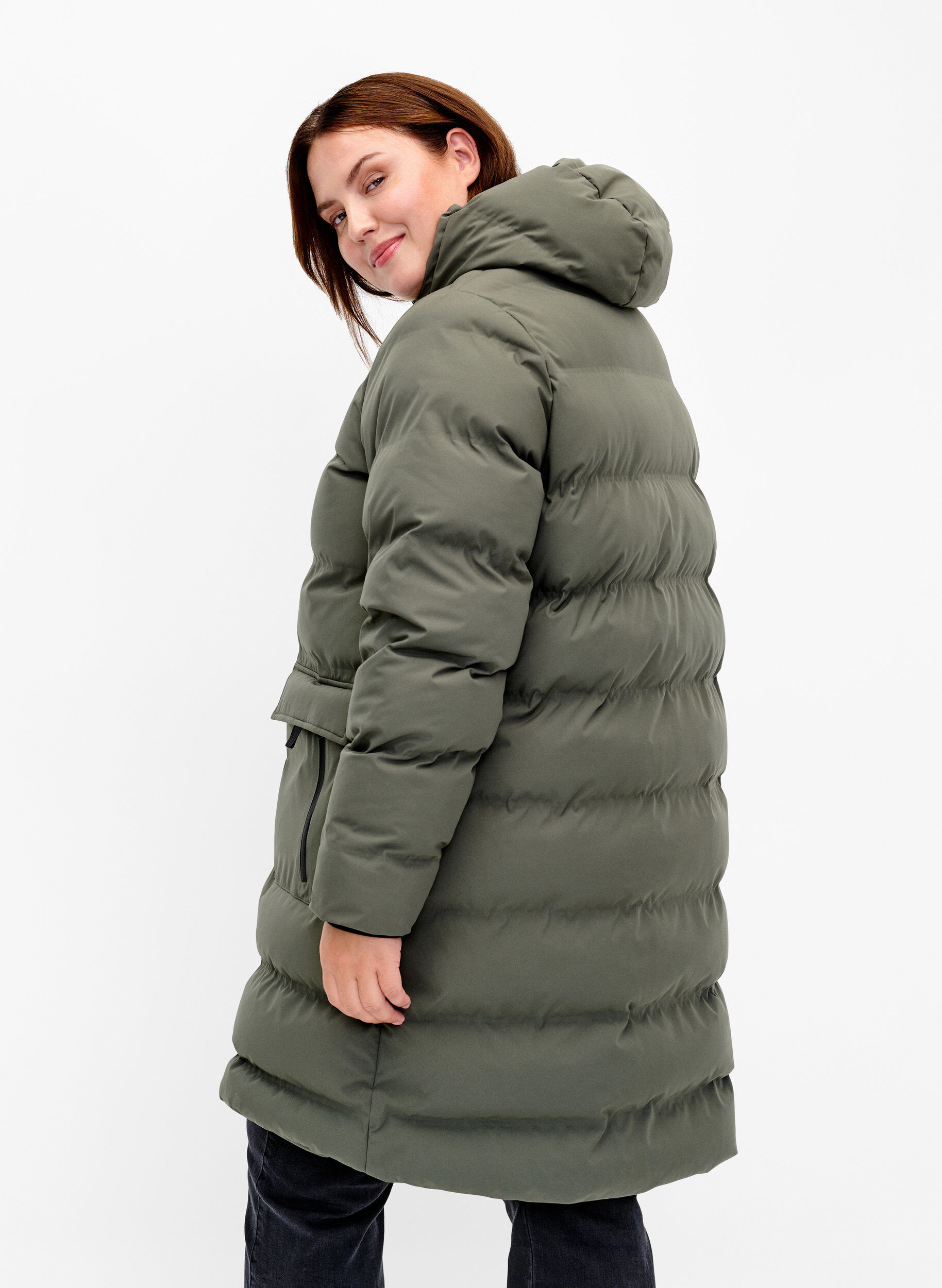 ZizziPuchowy plaszcz z kapturem i kieszeniami, Zielony, Model image number 2