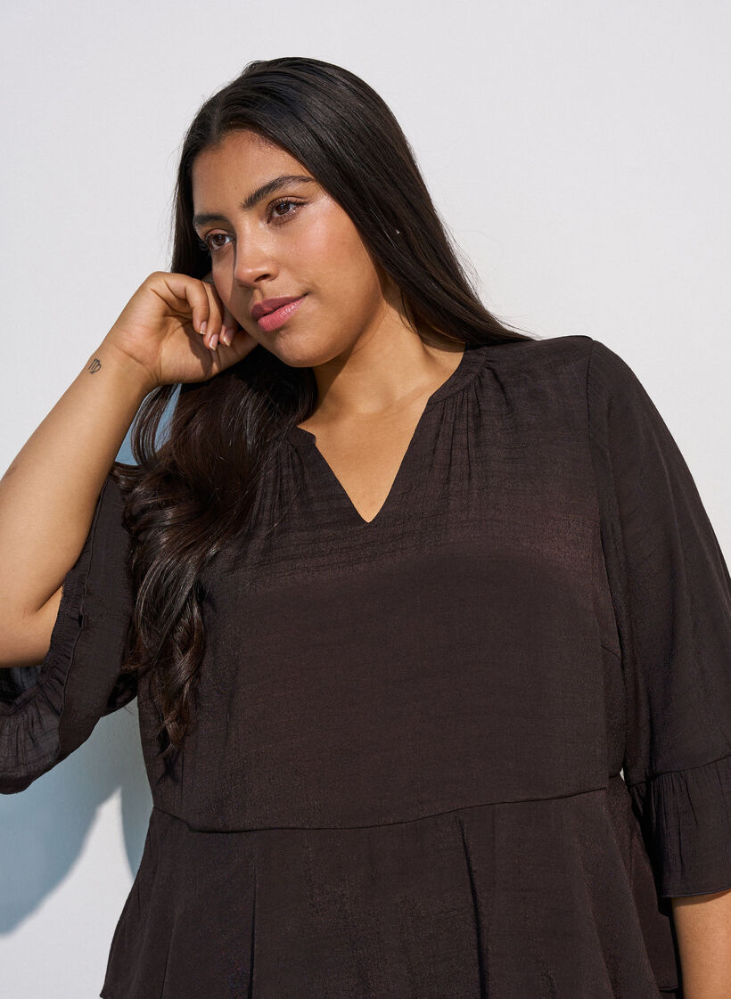 Bluzka z 3/4-sleeves i falbankami, Brązowy, Model image number 3