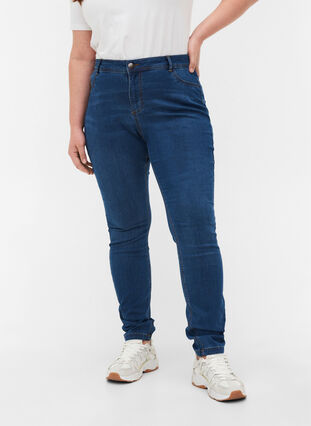 Mocno dopasowane jeansy Amy z wysokim stanem, Blue d. washed, Model image number 4
