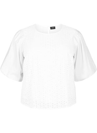 Bluzka z bufiastymi rekawami i koronkowym wzorem, Bright White, Packshot image number 0