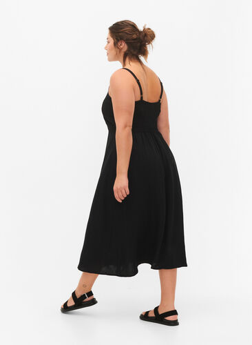 Jednokolorowa marszczona wiskozowa sukienka na ramiaczkach, Black, Model image number 1
