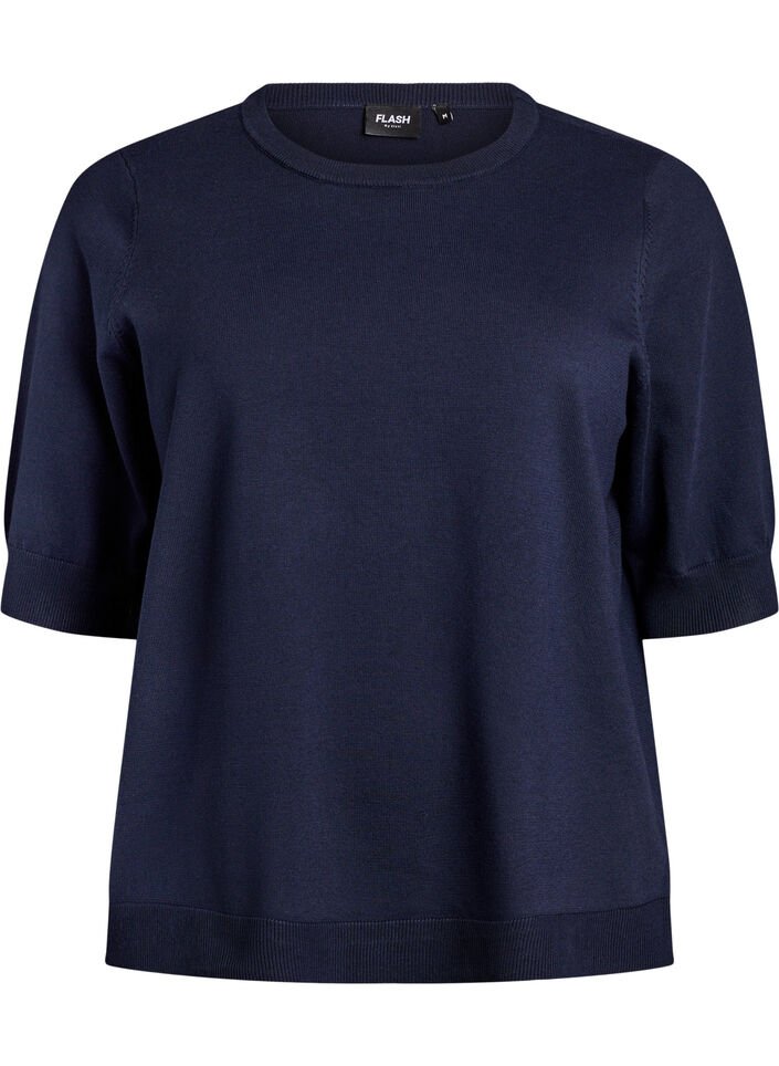 Cienko dzianinowa bluzka z kr&oacute;tkimi rekawami, Niebieskie, Packshot image number 0