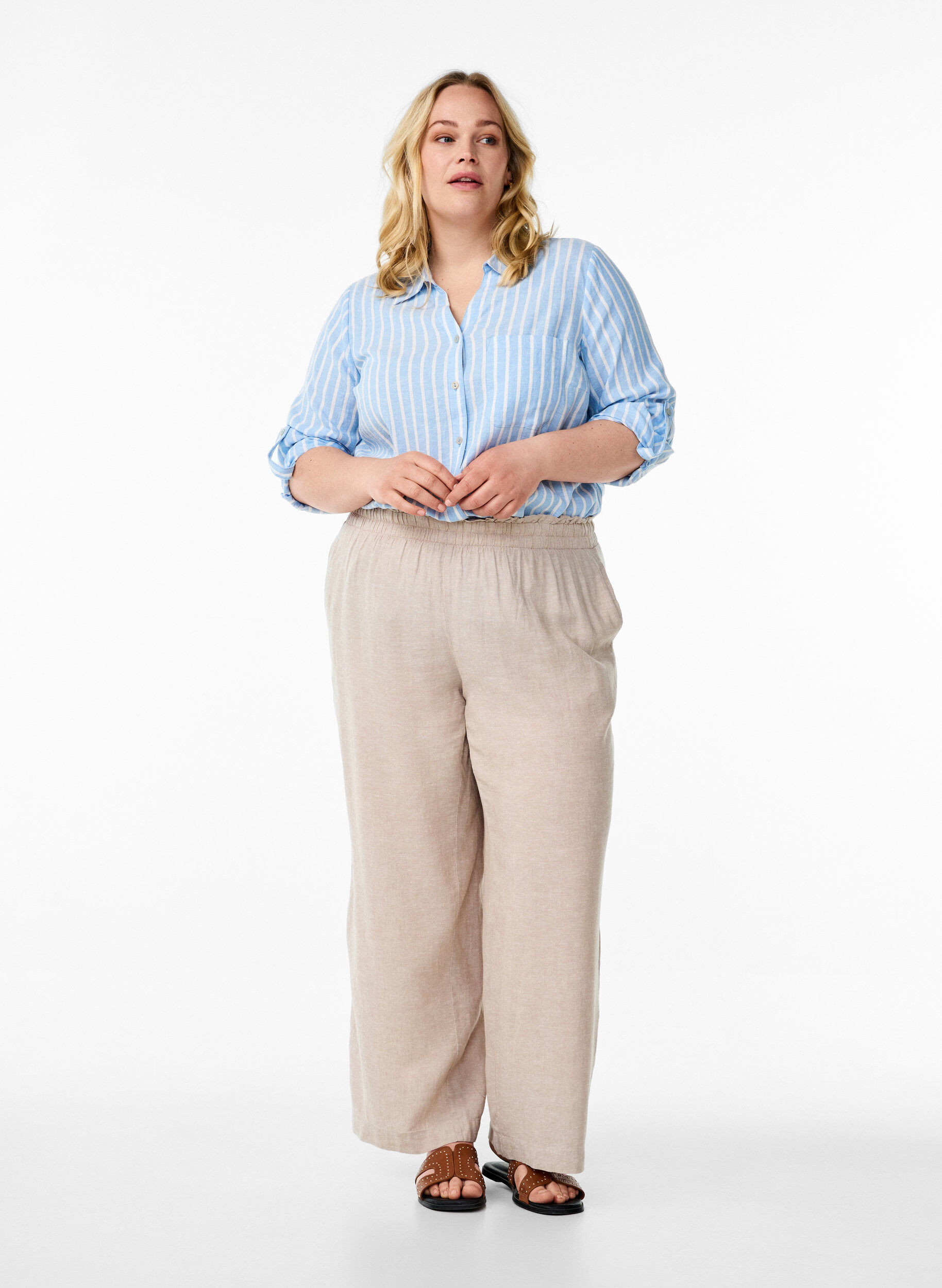 Zizzi Koszula z lnu i wiskozy z rekawami 3/4, Niebieskie, Model image number 1