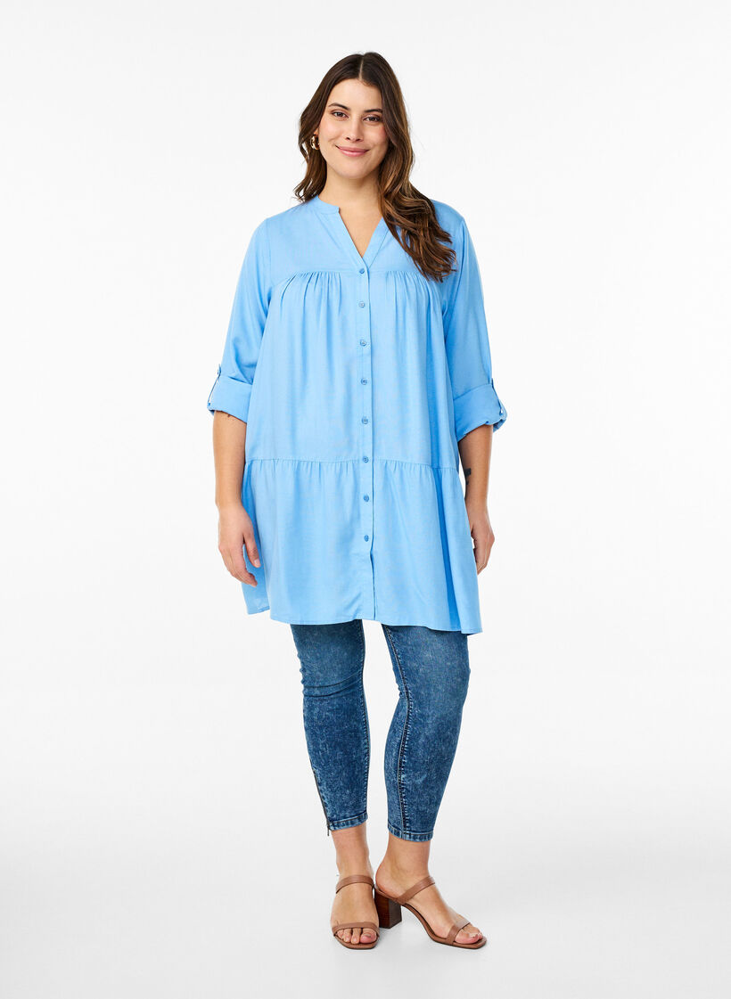 Tunika z dekoltem w serek i drobnymi marszczeniami, Niebieskie, Model image number 1