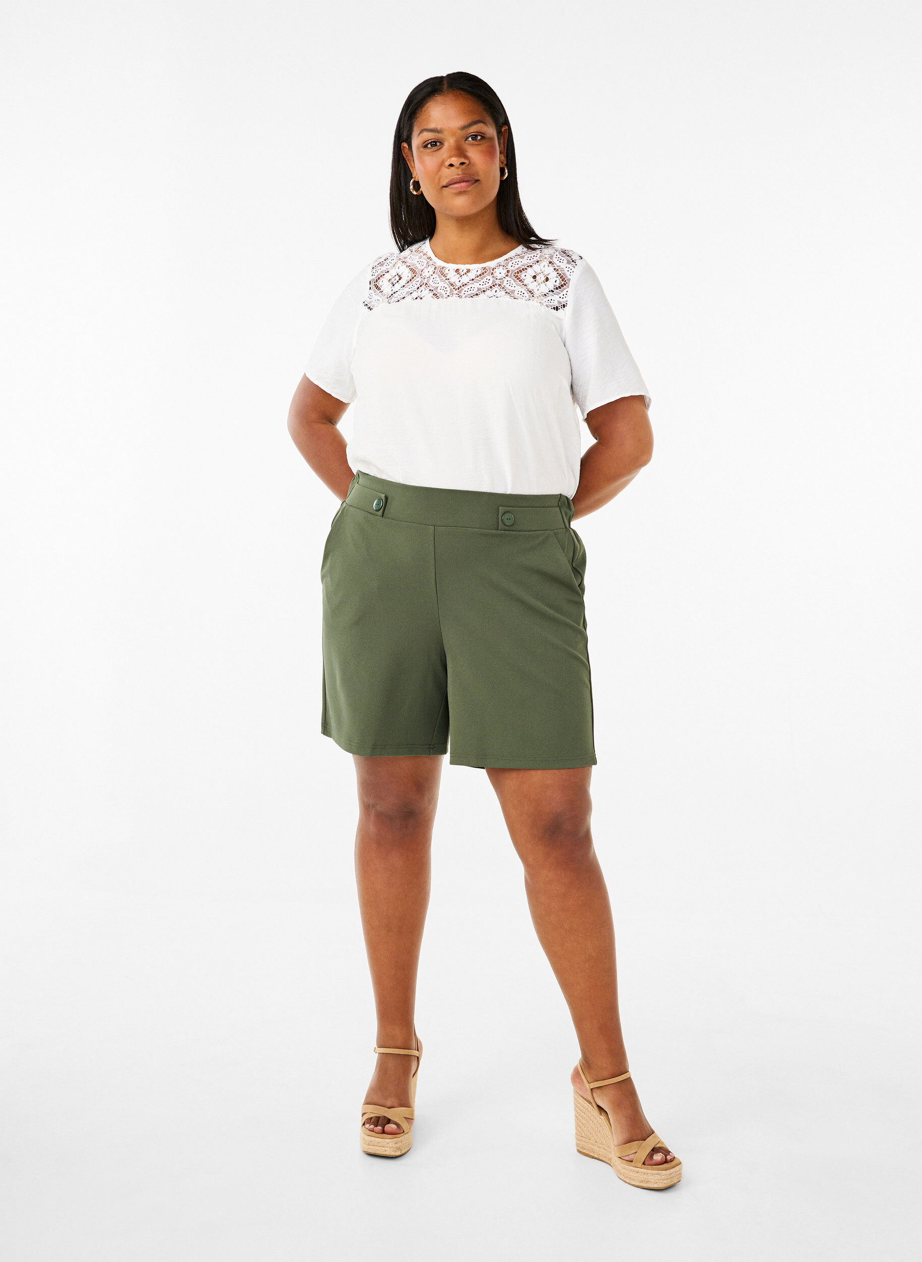 Zizzi Bluzka z wiskozy z kr&oacute;tkim rekawem i koronkowymi detalami, Bright White, Model image number 3