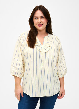 Bawelniana bluzka z rekawem 3/4 i nadrukiem, Eggnog Stripe, Model image number 0