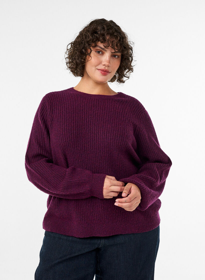 Sweter z ryfionymi rekawami w ksztalcie balon&oacute;w, Fioletowy, Model image number 3