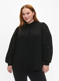 Bluzka koszulowa z szydelkowymi detalami, Black, Model